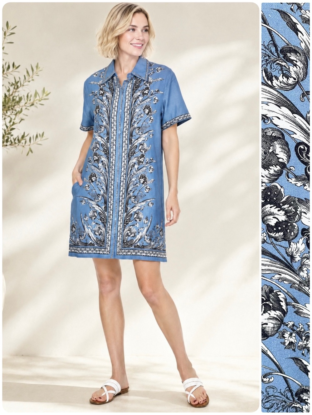 Max Studio Border Shirt Dress Linen Blend Tropical Border Print Side-Seam Pocket